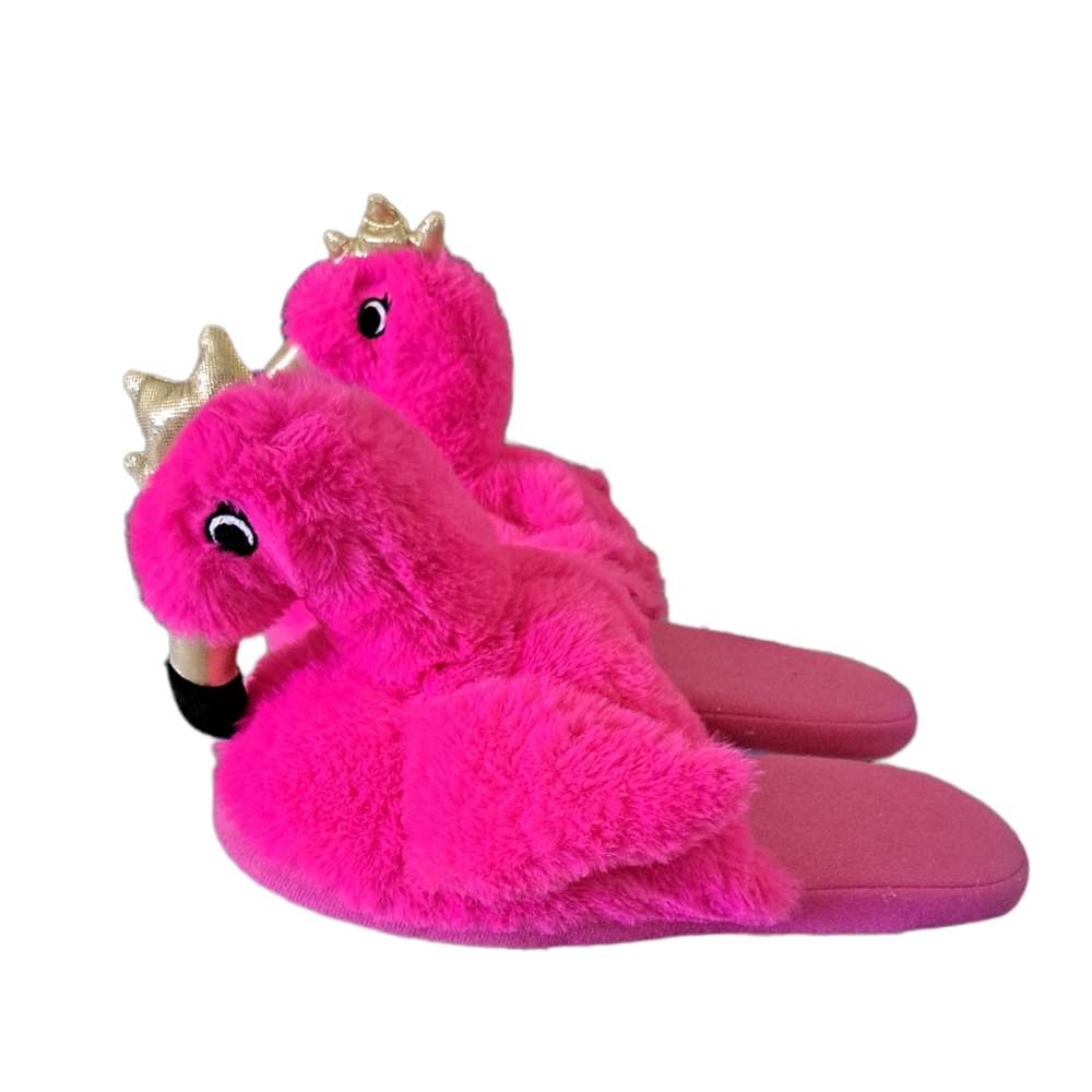 Pink flamingo with black/white beak and gold crown slippers